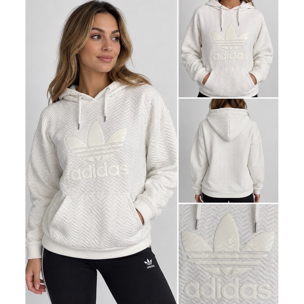 Adidas Originals Womens M White Trefoil Chevron Textured Pullover Hoodie